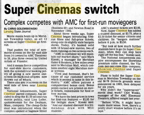 Super Cinemas - GOING TO FIRST RUN FEATURES 24 NOV 1993